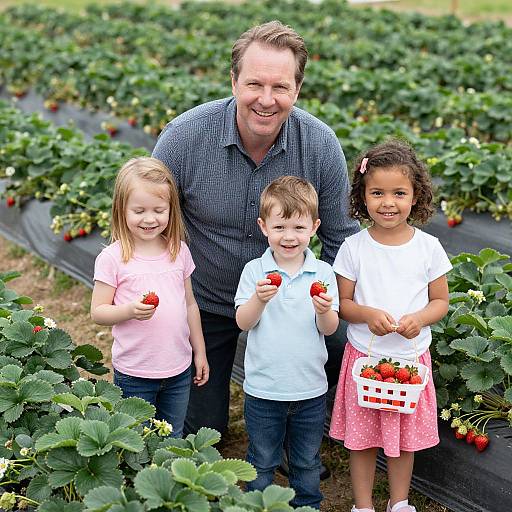 Photograph of a smiling man with short brown hair, standing between three happy children holding strawberries, in a strawberry field.