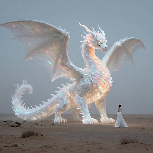 Digital artwork: A glowing, ethereal white dragon with neon accents stands in a desert, facing a woman in a white wedding dress.