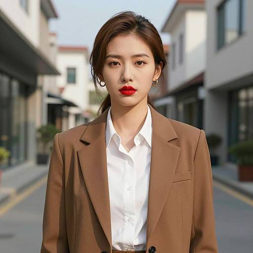 Asian Woman in Brown Blazer Outdoors