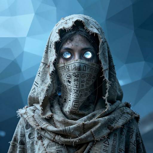 Mysterious figure with glowing blue eyes, wearing a tattered hooded cloak with cryptic symbols, set against a geometric blue background. Digital art.