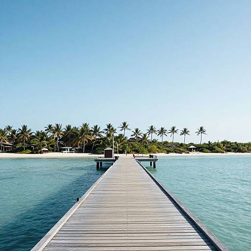 Photograph of a wooden pier extending into clear turquoise water, lined with palm trees under a bright blue sky.
