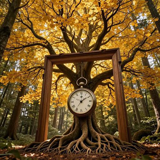 Photograph of an antique clock with a white face and black hands, framed by a wooden structure, nestled in the roots of a large tree with vibrant