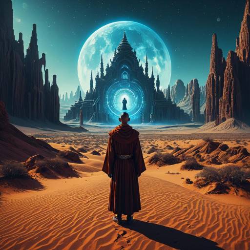 Monk Facing Futuristic Desert Gateway