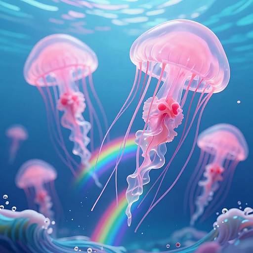 Photograph of glowing pink jellyfish with flowing tentacles, surrounded by a vibrant underwater rainbow, against a deep blue ocean backdrop.