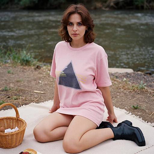 Photograph of a fair-skinned woman with brown hair, wearing a pink shirt with a black triangle, black boots, sitting on a white blanket by