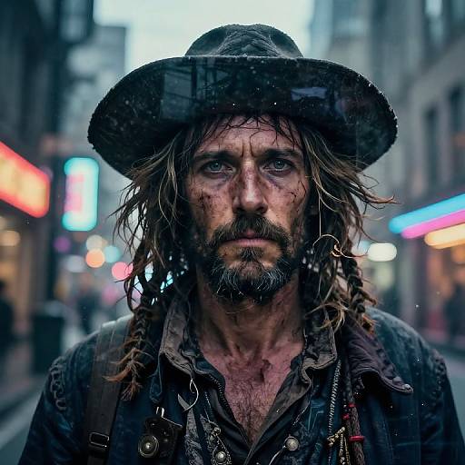 Photograph of a rugged, dirty-faced man with long, messy hair, beard, and black hat, standing on a neon-lit urban street.