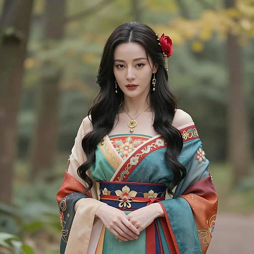 Asian Woman in Colorful Traditional Dress in Forest