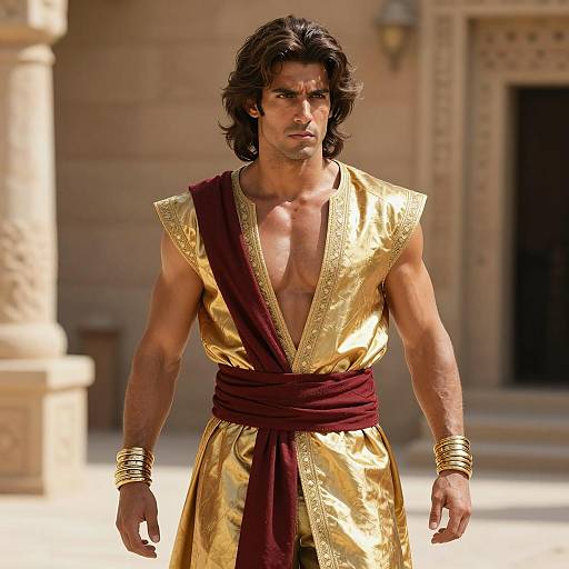 Muscular Man in Gold and Burgundy Aladdin Costume