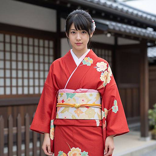 Photograph of an Asian woman with black hair in an updo, wearing a red floral kimono with white and yellow obi, standing in front