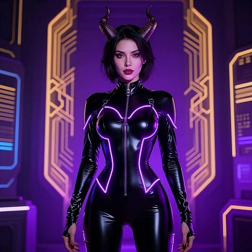 Digital art of a woman with black devil horns, wearing a shiny black latex bodysuit with purple neon accents, standing in a futuristic purple and orange
