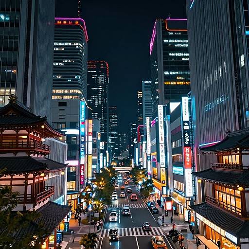 Photograph of a bustling, brightly-lit urban street at night in a Japanese city, featuring neon signs, traditional buildings, and modern skyscrapers