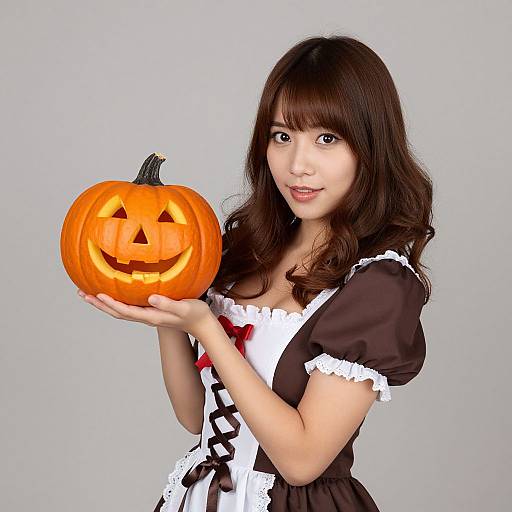 Asian woman with long brown hair in black and white maid outfit holds carved, smiling pumpkin against gray background.