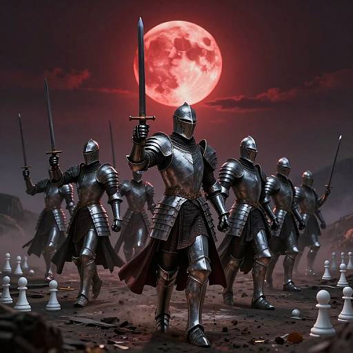 Digital illustration of armored knights with raised swords, standing in a battlefield under a red, full moon. White chess pieces scattered on the ground. Dark,