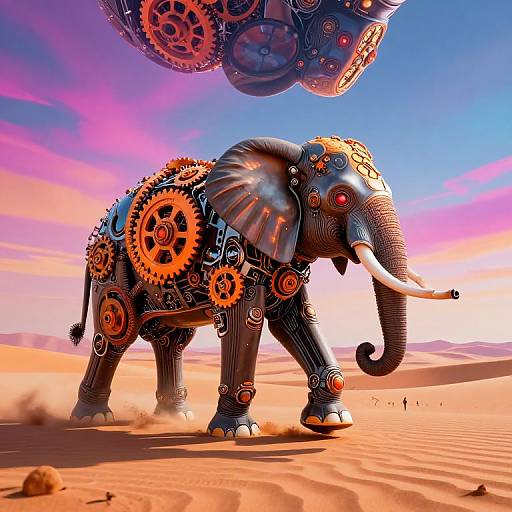 Digital artwork of a mechanical elephant with gears and cogs, standing in a desert under a floating, gear-filled sphere, against a vibrant pink and blue