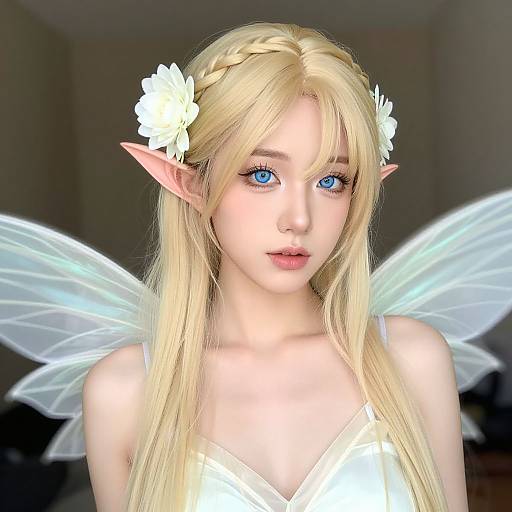 Digital CGI of a blonde, blue-eyed elf woman with white flowers in her hair, pointed ears, translucent wings, and a white dress.