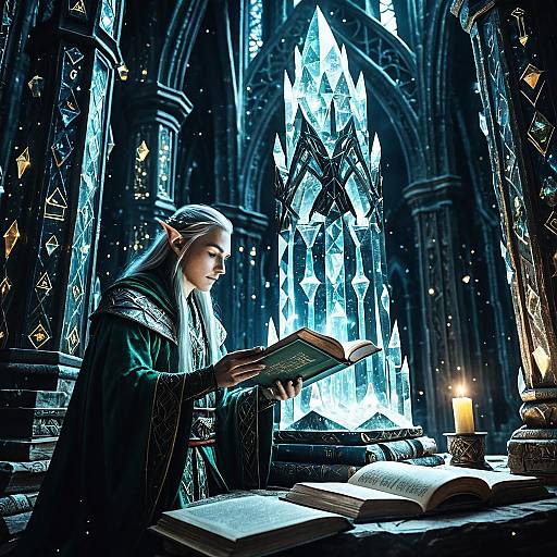 Elven Scholar Reading Magical Tome in Crystal Tower