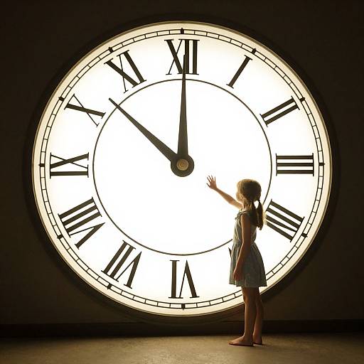 Photograph of a young girl in a dress reaching towards a large, illuminated, white clock face with black Roman numerals.