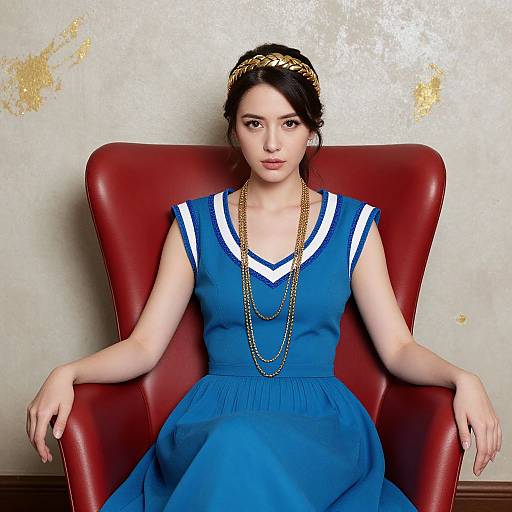 Photograph of a young woman with fair skin and dark hair, wearing a blue dress with white trim, gold necklace, and headband, seated in