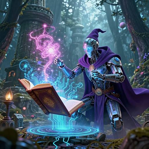 Cybernetic Wizard Casting Glowing Spells