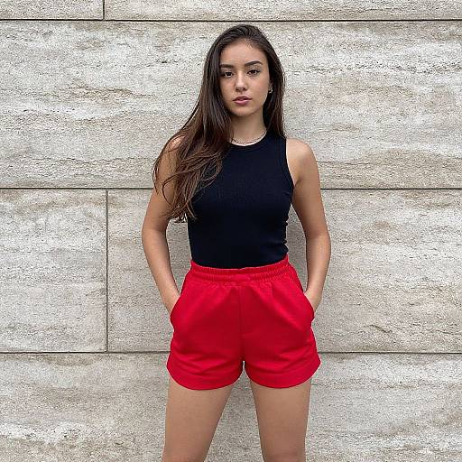 Photograph of a young woman with long brown hair, wearing a black sleeveless top and red shorts, standing against a white textured wall.