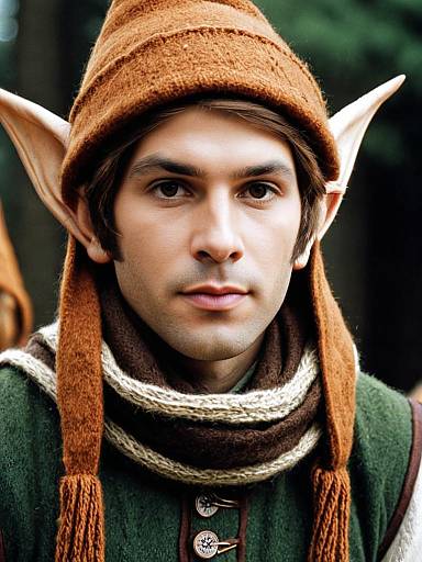 Young Man in Brown Elf Costume with Pointy Ears