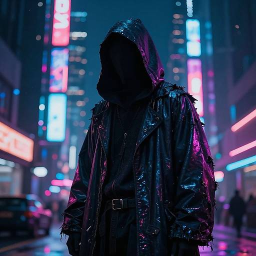 Cyberpunk city street at night: Silhouetted figure in shiny black hooded raincoat, neon lights reflecting off wet jacket, blurred city