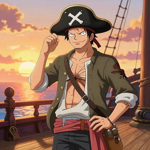 Anime-style drawing of a muscular pirate with a black hat, open shirt, and brown jacket, standing on a wooden ship deck at sunset.