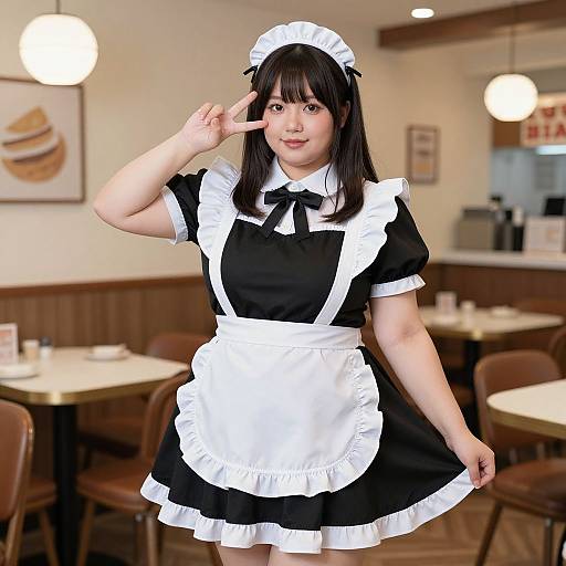 Photograph of an Asian woman in a black and white French maid outfit, posing with a peace sign in a cozy café.