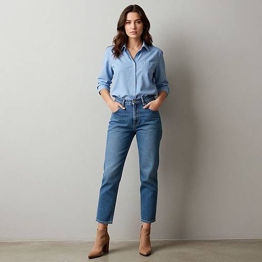 Photograph of a young woman with long brown hair, wearing a light blue button-up shirt and high-waisted blue jeans, standing against a plain