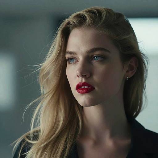 Photograph of a blonde woman with blue eyes, red lipstick, and wavy hair, looking serious against a blurred, dimly lit background.