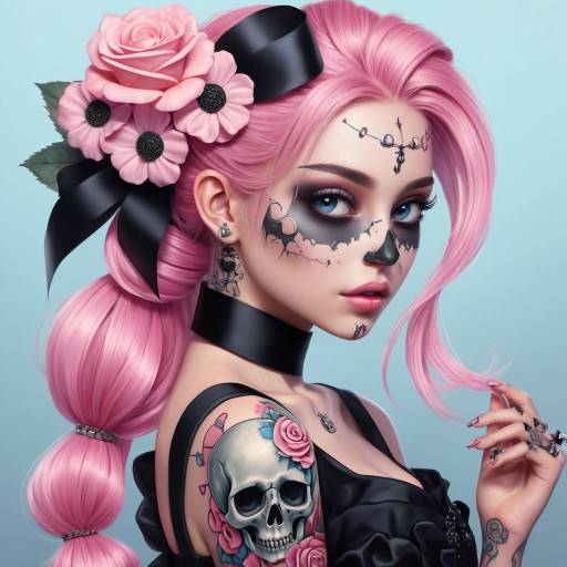 Gothic Pink-Haired Woman with Skull Tattoo