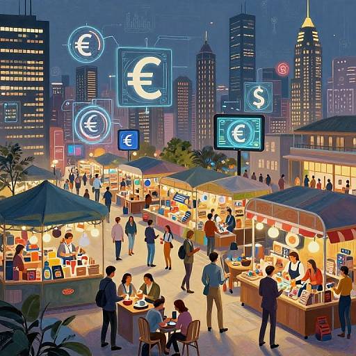 Digital illustration of a bustling night market in a city, featuring neon currency signs, stalls with bright lights, and diverse shoppers.