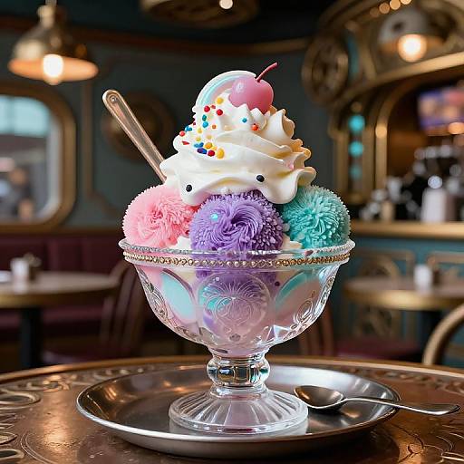 Photograph of a clear glass dessert bowl with colorful, textured ice cream balls, topped with whipped cream and sprinkles, in a vintage-style café.