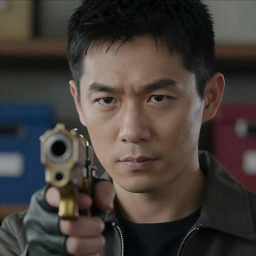 Intense Asian Man with Golden Gun