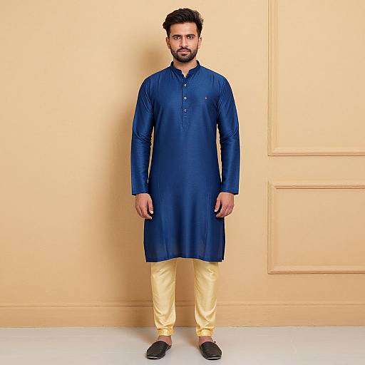 Photograph of a bearded man with short dark hair, wearing a navy blue traditional kurta, yellow pants, and black shoes, standing against a