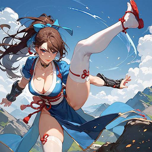 Ponytailed Fighter in Blue Kimono