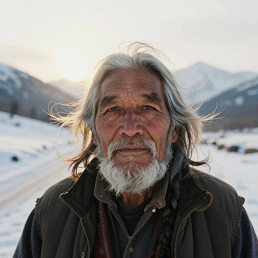 Photograph of an elderly man with gray hair and beard, wearing a dark jacket, standing in a snowy mountain landscape at sunset.