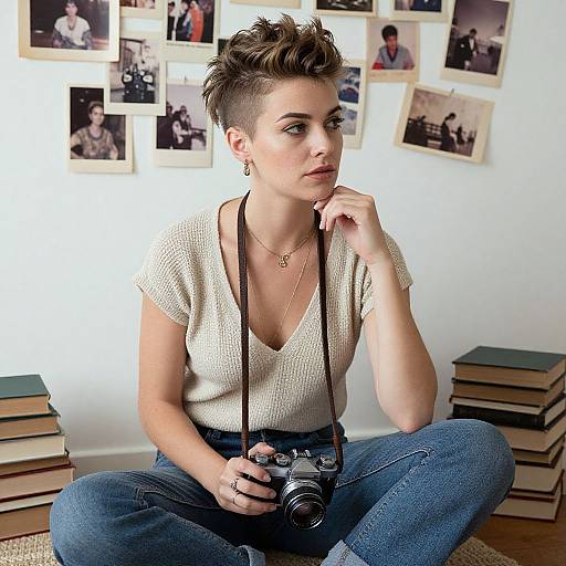 Photograph of a young woman with short, spiked brown hair, wearing a white V-neck shirt and blue jeans, sitting cross-legged with a camera,