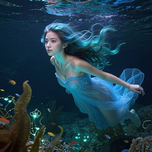 Serene Water Nymph in Sunlit Cave