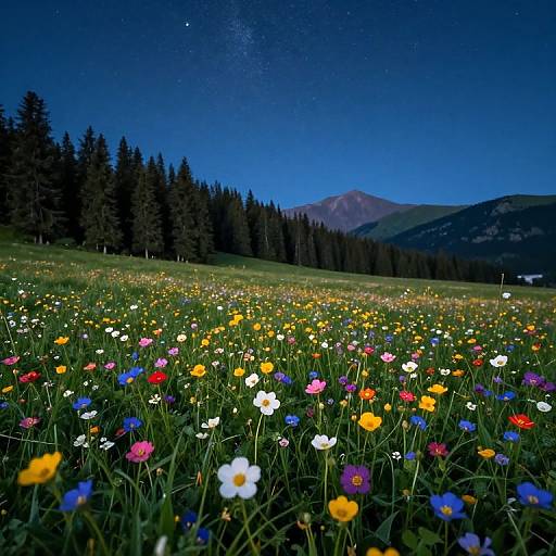 Nighttime photograph of a vibrant meadow filled with colorful wildflowers under a starry sky, with a dark forest and mountains in the background.