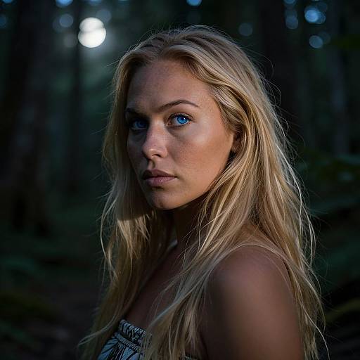 Photograph of a blonde woman with striking blue eyes, wearing a strap top, standing in a dark, wooded forest at night.