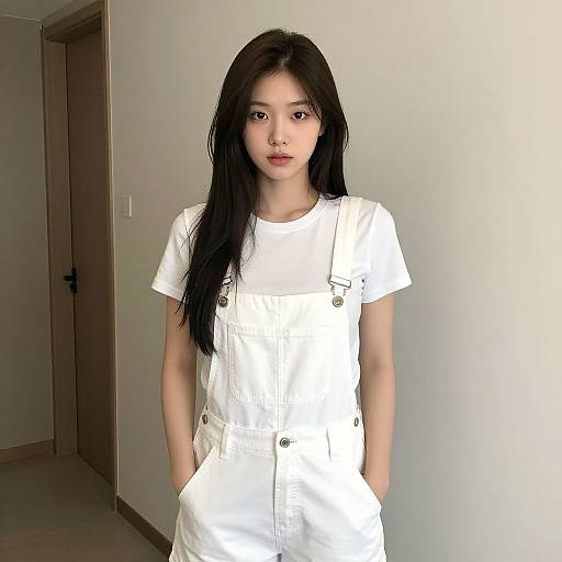 Photograph of an Asian woman with long black hair, wearing white overalls and a white t-shirt, standing in a minimalist room.