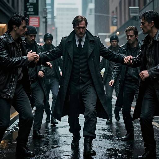 Photograph-style CGI of a rugged man in a black trench coat being surrounded by four leather-jacketed men in a rainy urban alley, with a