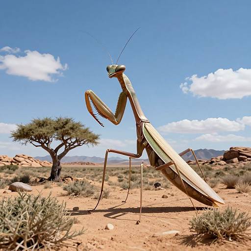 Giant Metallic Mantis in Desert