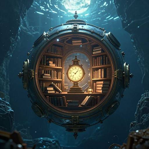 Photorealistic CGI of a glowing clock encased in a circular, steampunk bookshelf, surrounded by dark, underwater cave walls.
