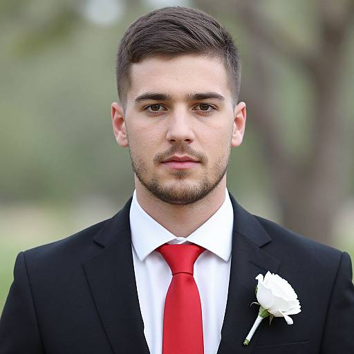 Photograph of a young, bearded man with short, dark hair, wearing a black suit, white shirt, red tie, and white rose bout