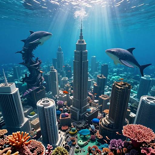 Photorealistic digital artwork of an underwater cityscape with two sharks swimming above skyscrapers, illuminated by sunlight, surrounded by colorful coral reefs.