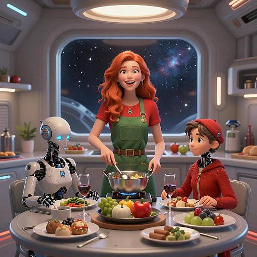 Joyful Redhead in Sci-Fi Kitchen
