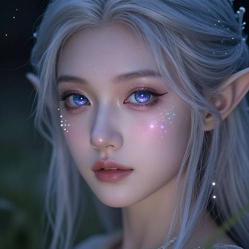 Digital art of a fair-skinned, blue-eyed, elf-like woman with long silver hair, glowing star-like markings on her cheeks, and pointed ears