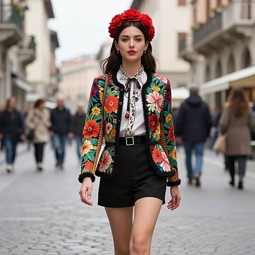 Photograph of a confident woman in a vibrant floral jacket, black shorts, white blouse, red flower crown, walking down a cobblestone street with